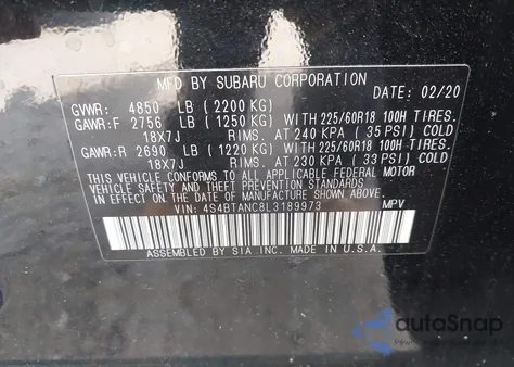 2020 Subaru Outback Limited из США, поврежденный, VIN 4S4BTANC8L3189973